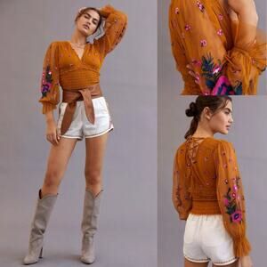 NWT Anthropologie Gold Ochre Floral Embroidered Smocked Tulle Blouse, Sz XS